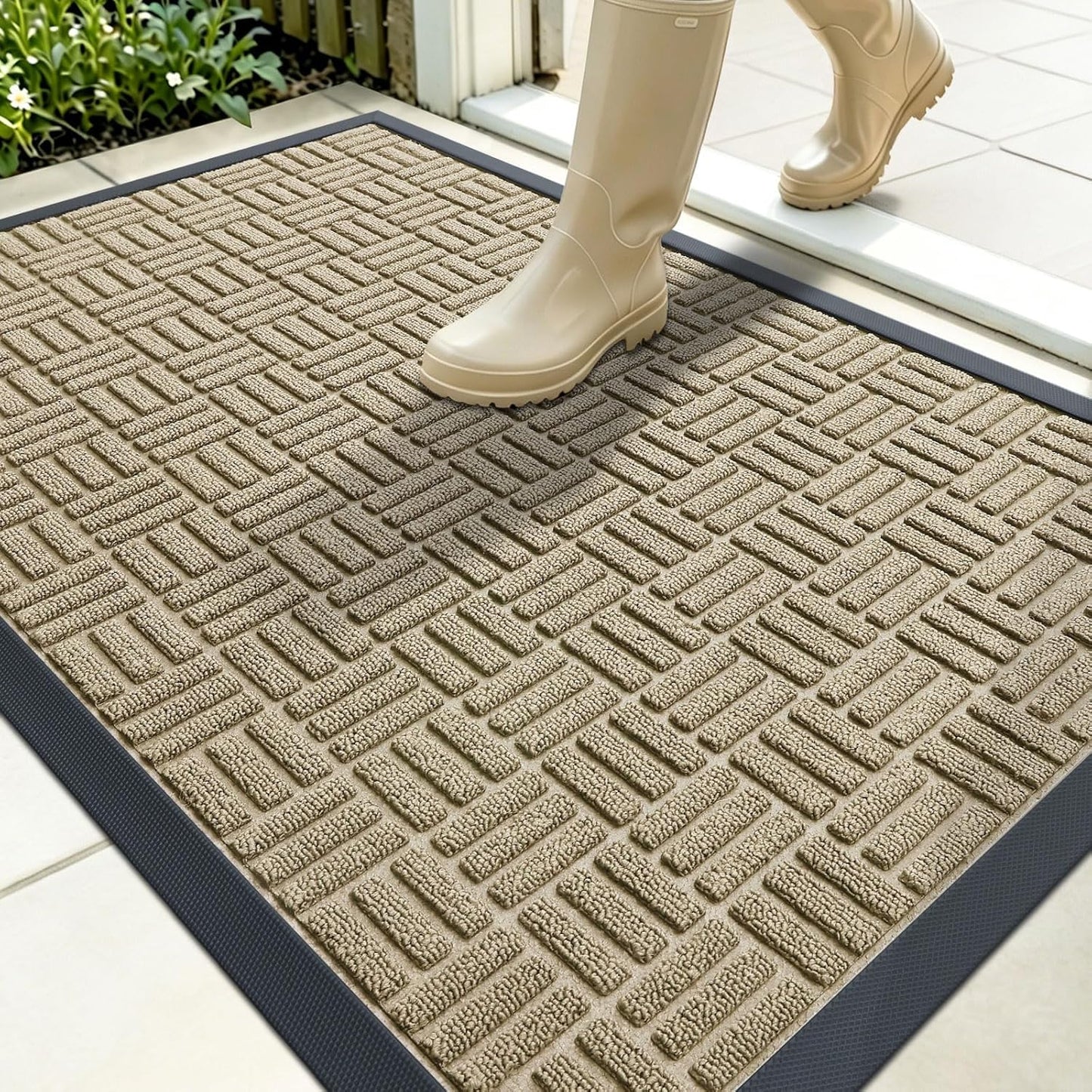 OLANLY Front Door Mat Outside Entrance 29.5x17, Absorbent, Heavy Duty Sturdy Natural Rubber Doormat Indoor Outdoor, Stain and Fade Resistant, Non-Slip Backing Low Profile Floor Mat for Entryway, Grey