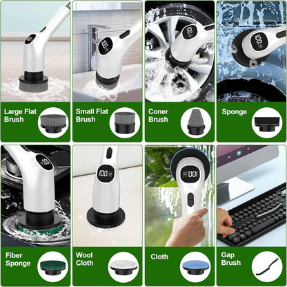 Electric Spin Scrubber, Shower Scrubber with Long Handle Adjustable LCD Display, 2 Speed Shower Cleaner, 7 Replaceable Brush Heads Bathroom Cleaning Brush, Bath Tub Power Scrubbers Black G3