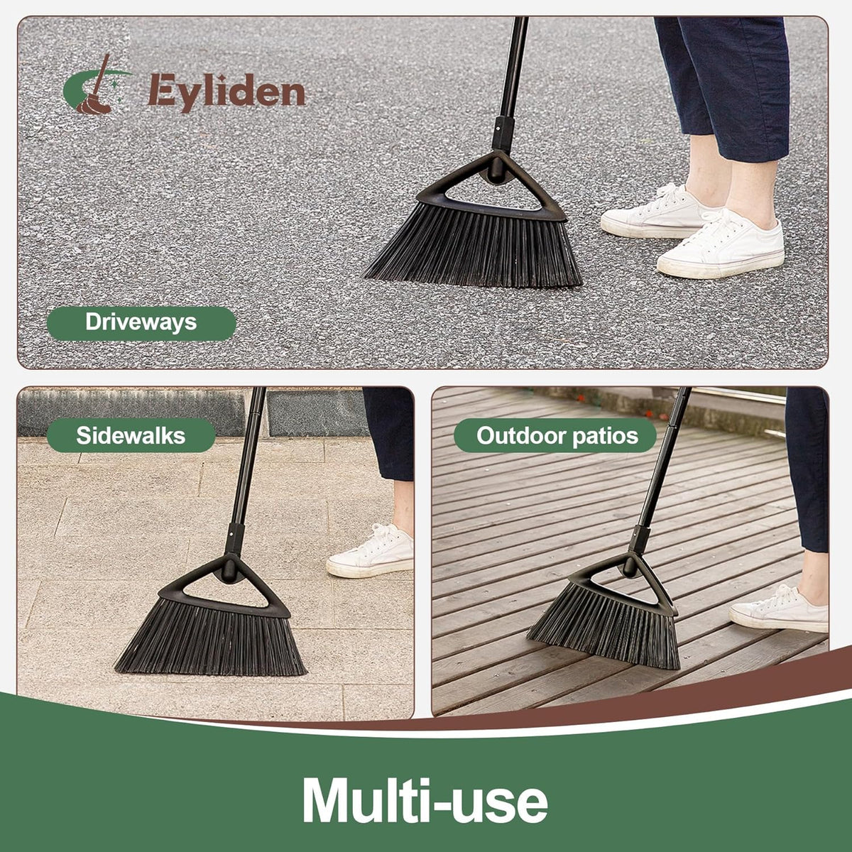 Eyliden Angle Broom with 57" Long Handle, Outdoor Indoor, Green | Heavy-Duty Cleaning, Also Works Well Fine Dust - PET Bristles, Commercial Sweeper for Courtyard Sidewalk Deck Kitchen Lobby