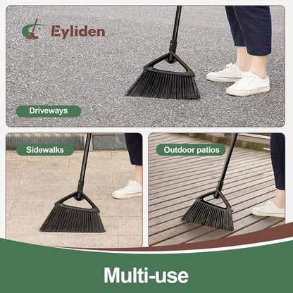 Eyliden Angle Broom with 57" Long Handle, Outdoor Indoor, Green | Heavy-Duty Cleaning, Also Works Well Fine Dust - PET Bristles, Commercial Sweeper for Courtyard Sidewalk Deck Kitchen Lobby