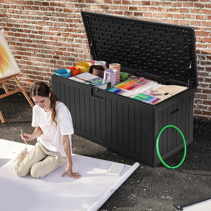 DWVO 100 Gallon Outdoor Storage Box, Large Deck Box Lockable Waterproof and UV Resistant Resin for Gardening Tools, Pool Supplies, Patio Cushions (Black)