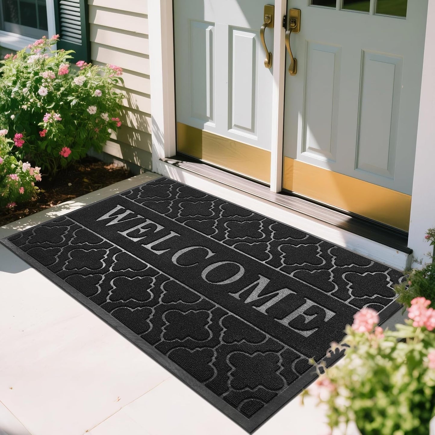 Yimobra Welcome Mat Outdoor Indoor, All-Weather Waterproof Front Door Mat Outside Entrance, Non-Slip Low Profile Porch Patio Doormat, 29.5x17, Black