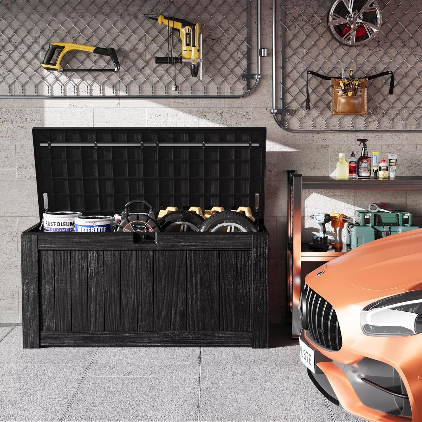 Greesum Outdoor Storage Box 31 Gallon Storage Box with Lid for Patio Furniture, Garden Tools, Pool Supplies, Waterproof and UV Resistant, Lockable, Dark Black