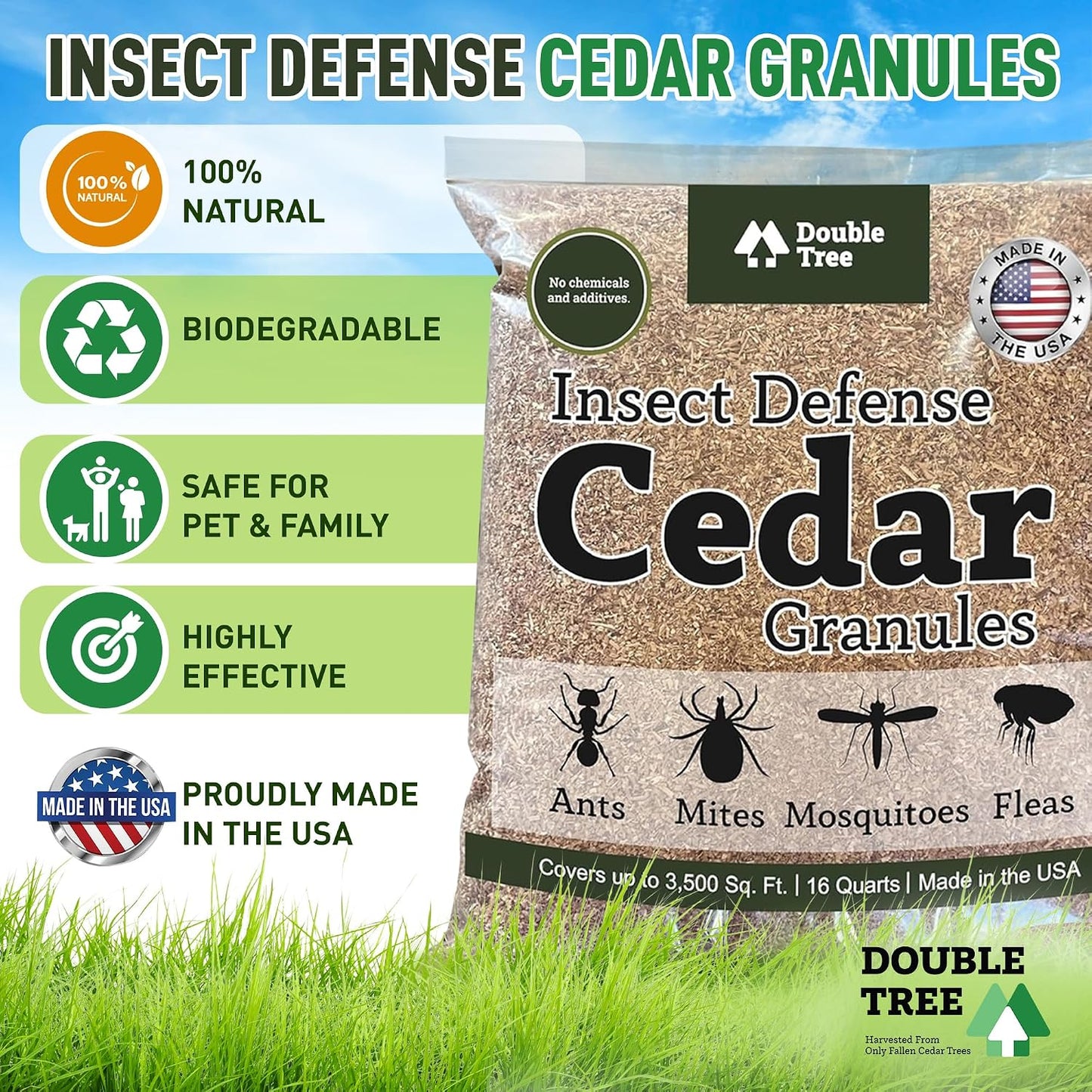 Double Tree Home and Garden Cedar Granules | Repels Fleas, Ticks, Ants, and Mosquitos | Rich Cedar Scent | Non Toxic | Pet Safe | 1 Bag (16 Quarts)