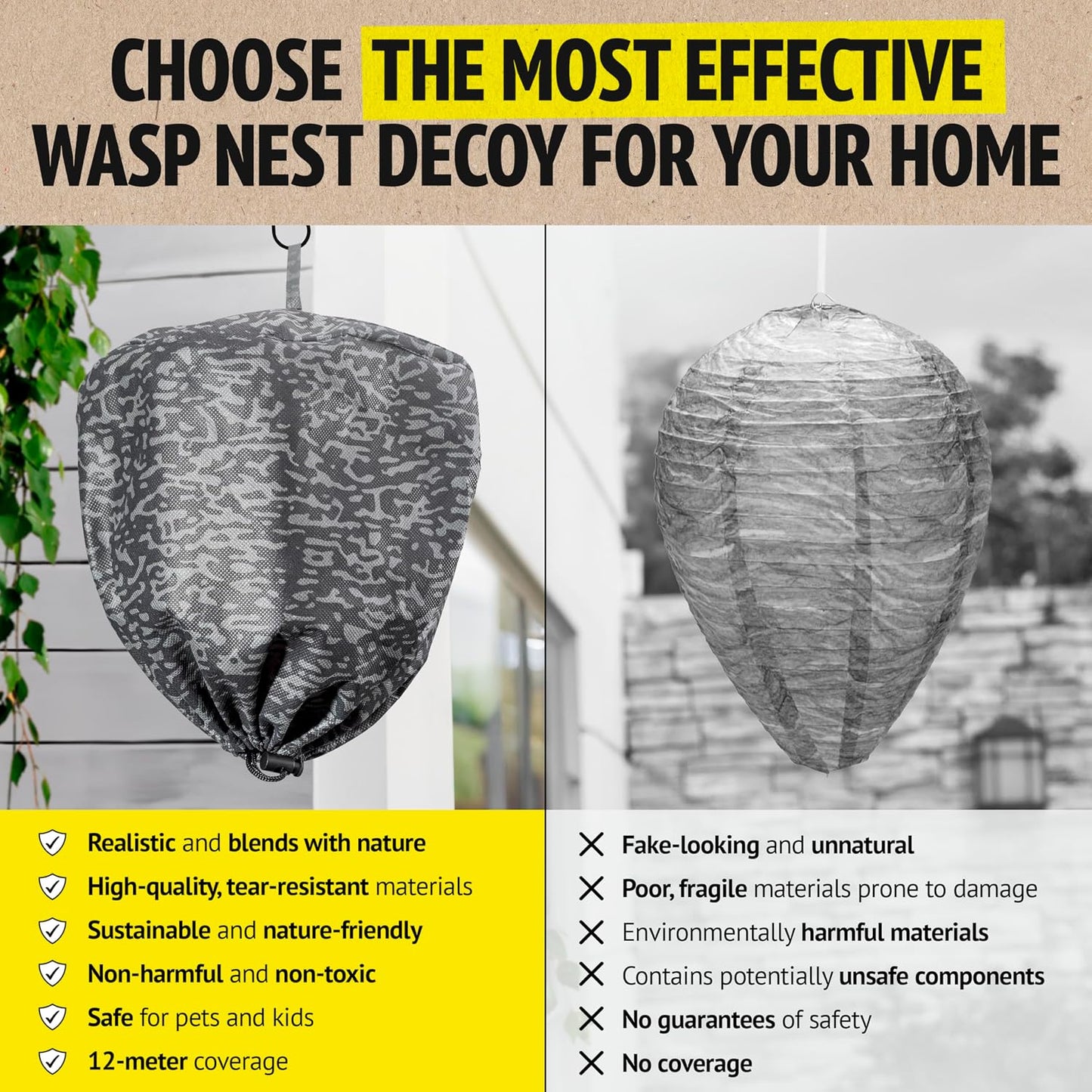 Super Ninja Fake Wasp Nest - 2 Pack, Wasp Nest Decoy for Outdoor Hanging, Yellow Jackets & Bee Repellent Outdoor, Waterproof & Tear-Resistant Deterrent for Patio & Garden