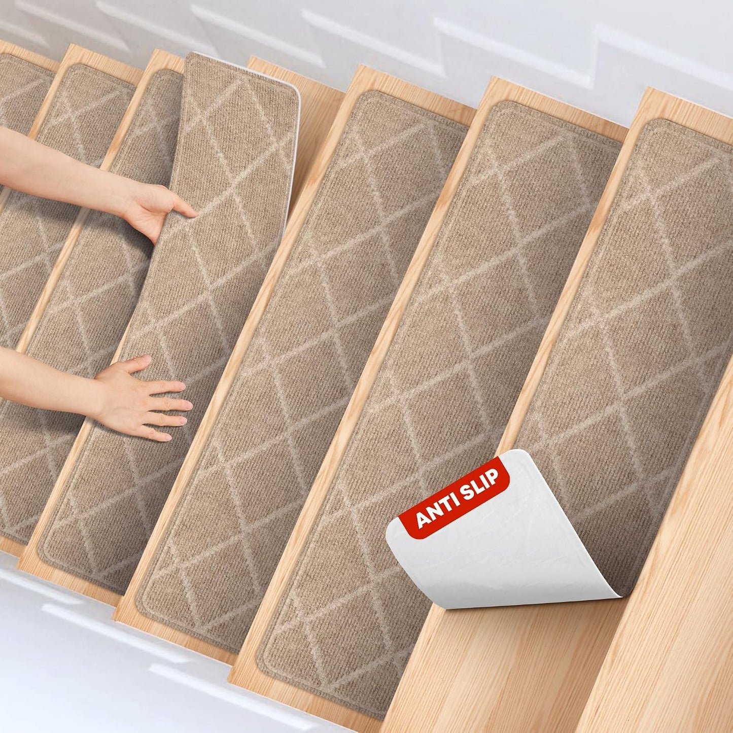 MBIGM 8" X 30" (15 in Pack) Non-Slip Carpet Stair Treads Non-Skid Safety Rug Slip Resistant Indoor Runner for Kids Elders & Pets with Reusable Adhesive - Dark Gray Diamond Weave