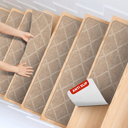 MBIGM 8" X 30" (15 in Pack) Non-Slip Carpet Stair Treads Non-Skid Safety Rug Slip Resistant Indoor Runner for Kids Elders & Pets with Reusable Adhesive - Dark Gray Diamond Weave