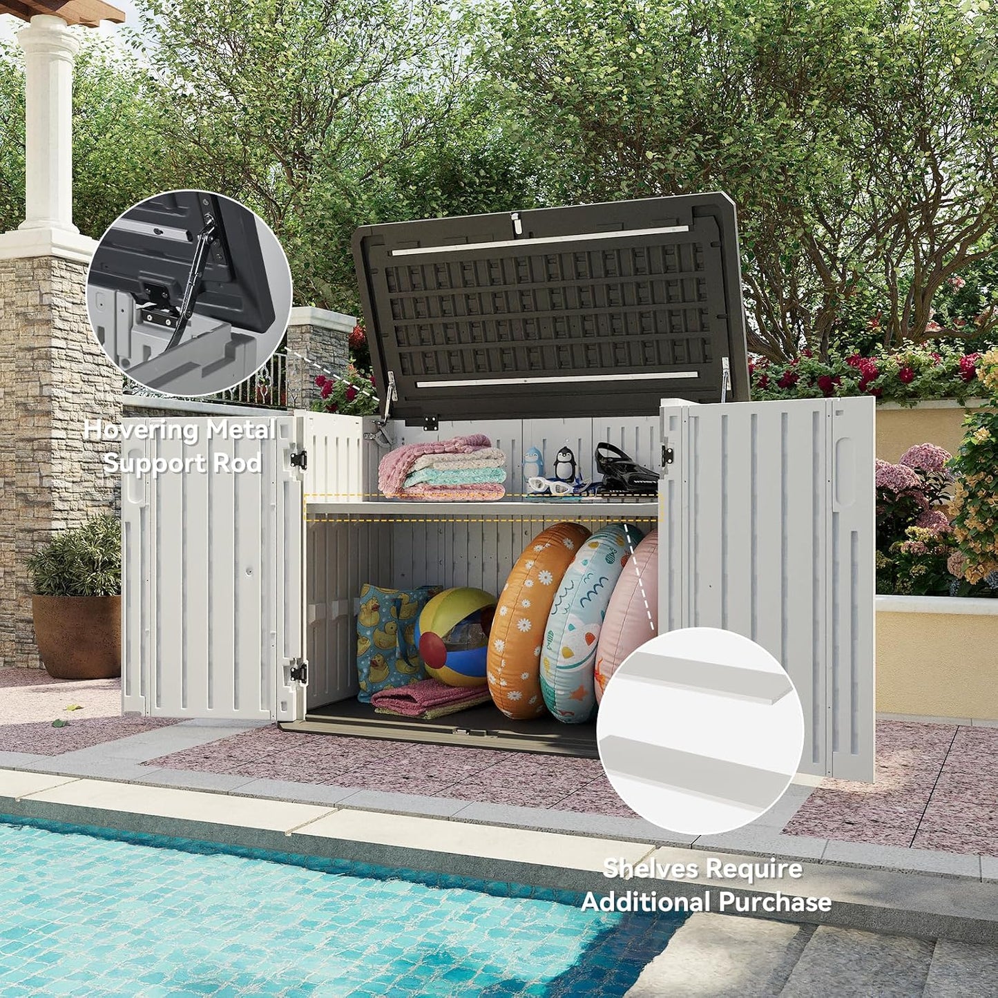 AOXUN Horizontal Storage Sheds 21 Cu.ft, HDPE Outdoor Storage Box 160 Gallon, Waterproof Lockable Resin Deck Box with Spring-Assisted Lid, Patio Storage for Garden, Pool, Cushions, Tools, White