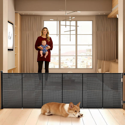 Retractable Baby Gate for Stairs, 42" Tall X 200" Wide Mesh Dog Gate Indoor, Child Gate for Doorways, Hallways, Deck, Indoor Outdoor Pet Baby Safety Essentials for Home, Black