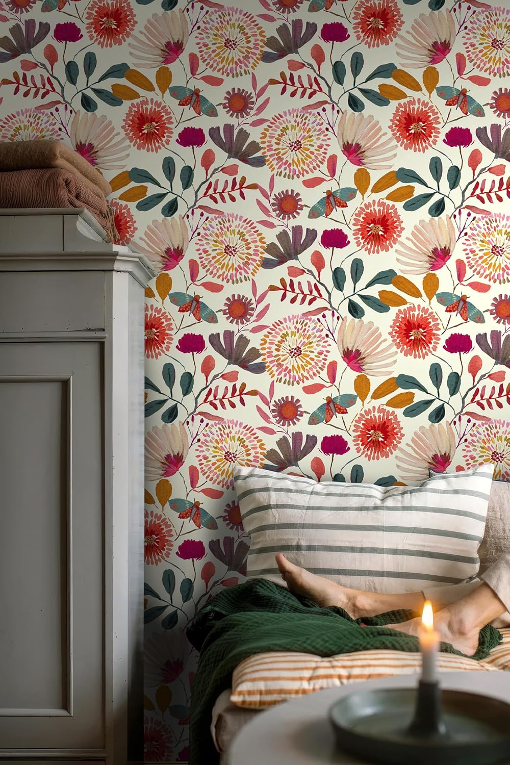 Wallpaper Peel and Stick Floral Wall Paper Removable Waterproof Navy/Pink/Orange Contact Paper for Bedroom, Bathroom,Bathroom, Home Wall 17.3" x 118"