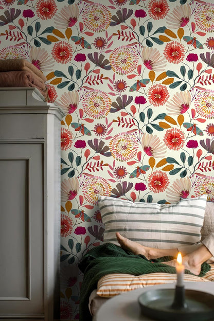 Wallpaper Peel and Stick Floral Wall Paper Removable Waterproof Navy/Pink/Orange Contact Paper for Bedroom, Bathroom,Bathroom, Home Wall 17.3" x 118"