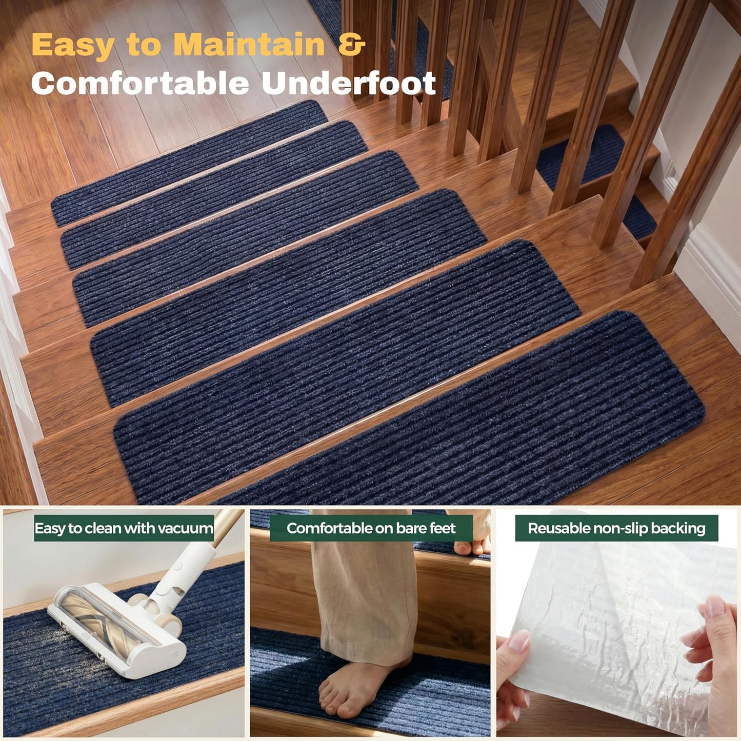 MBIGM 8" X 30" (15 in Pack) Nonslip Carpet Stair Treads Non-Skid Safety Rug Slip Resistant Indoor Runner for Kids Elders & Pets with Reusable Adhesive - Brown - Non Slip Stair Treads Indoor