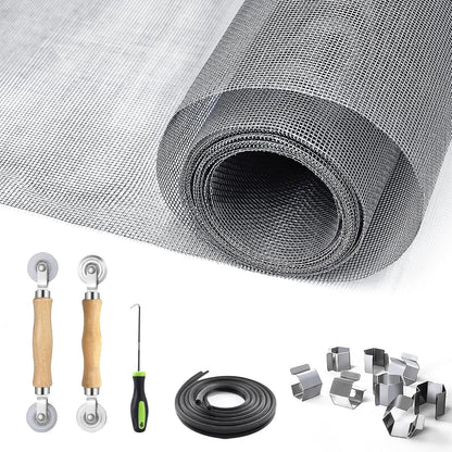 King&Charles Window Screen Door Repair/Replacement Kit, Include Black Screen Mesh 48"x118"+ 2 Roller+50Ft Spline+8Clips+Hook, 6 in 1 Window Mesh Kit, Steel/Nylon Bearing Roller