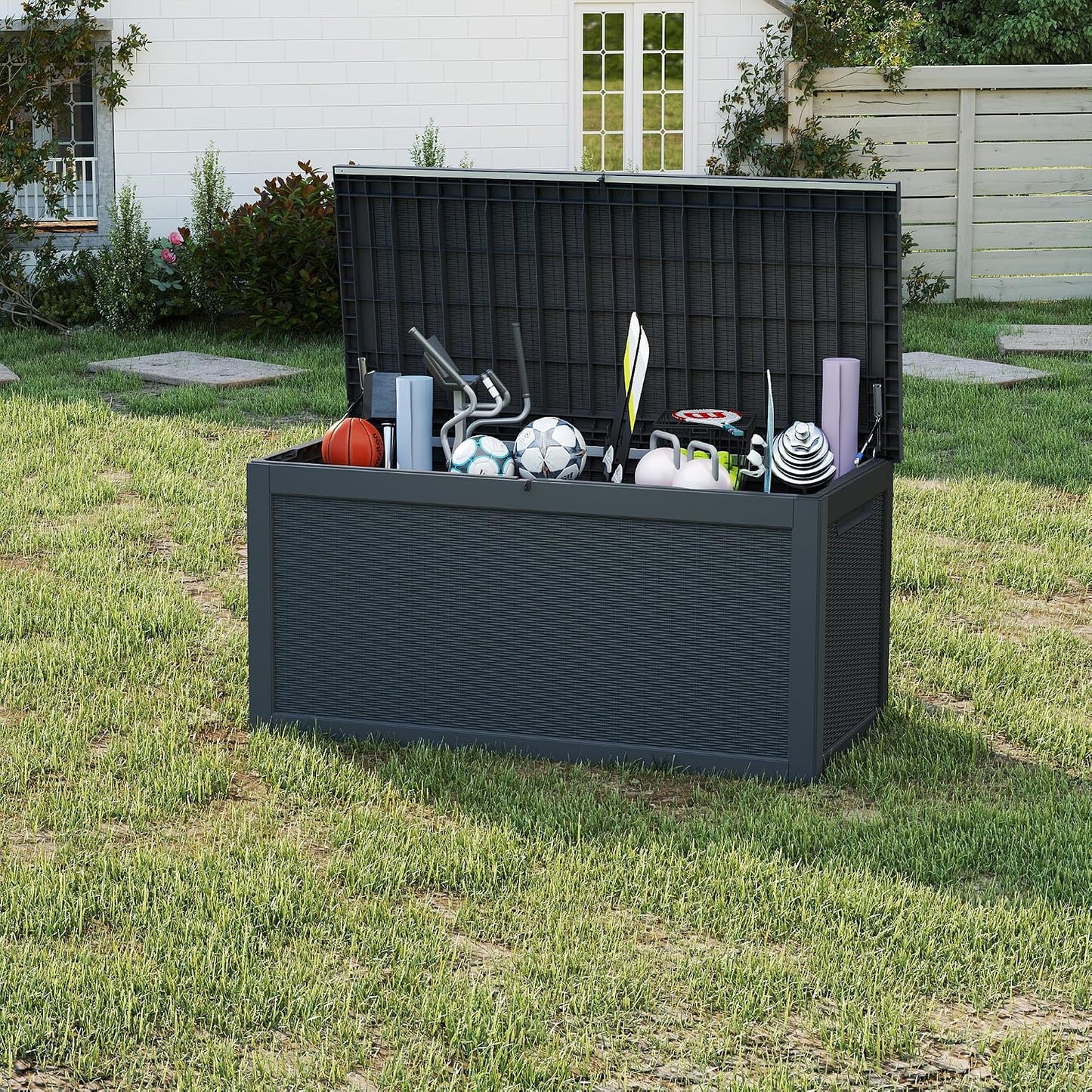 ROJIK 55Gal Outdoor Storage Box Waterproof Deck Box | Heavy-duty UV-resistant resin, space-saving for balcony/patio, stores cushions/tools/pool gear, lockable lid as table/bench
