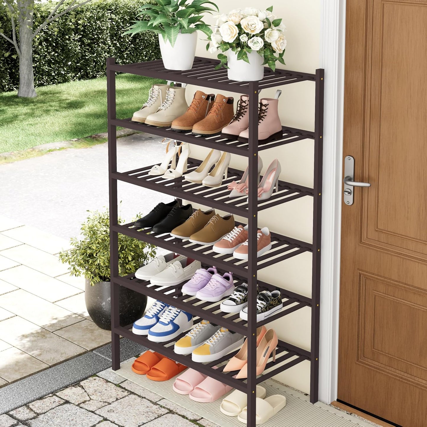 Smiry Bamboo Shoe Rack, 3 Tier Free Standing Wooden Shoe Organizer, Stackable Wood Shoe Storage Shelf for Closet, Entryway, 12 Vertical Slats, 2+1 Stack Standard Legs, 26.8"x11"x19.5", Natural