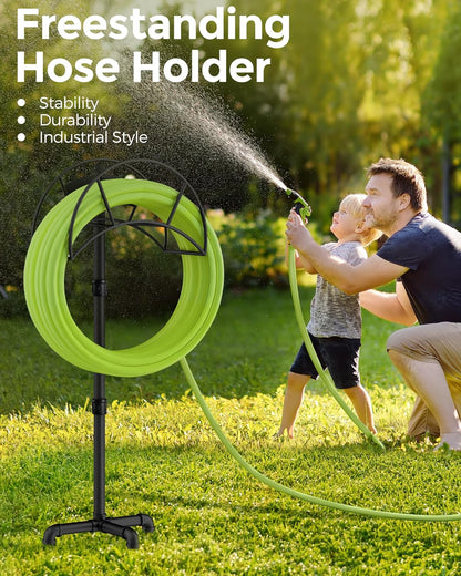 LAND·VOI Freestanding Garden Water Hose Storage Holder Stand for Outside, 160-Ft Hose Heavy Duty Metal Hanger Reel Organizer Outdoor Yard Lawn, Standing Keeper Rack with Ground Stake, Black GHH01B