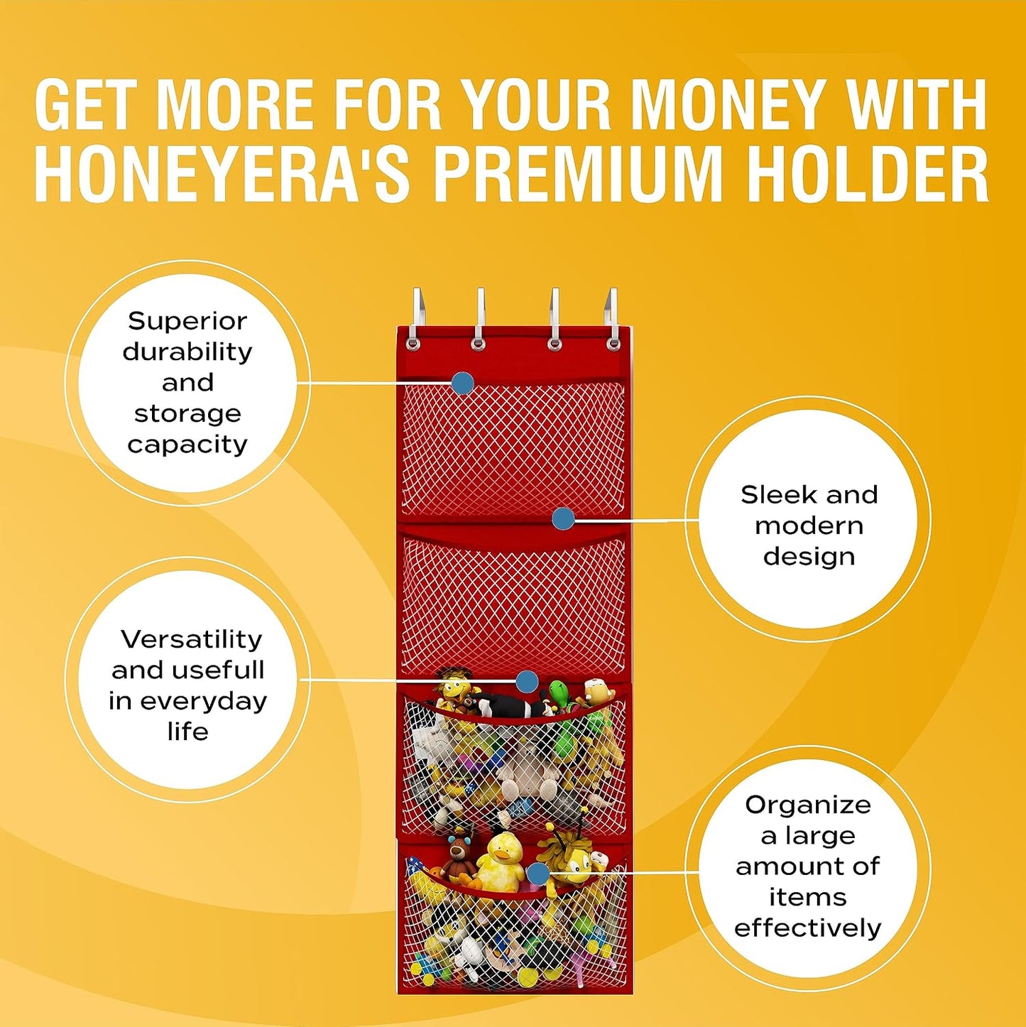 Honeyera The Original Stuffed Animal Storage (Patented) - Over Door Organizer for Stuffies, Baby Ideas Holder, Toy Plush Hammock Hanging Net Big Girls Toddler Large Bag Animals Stuffy Behind