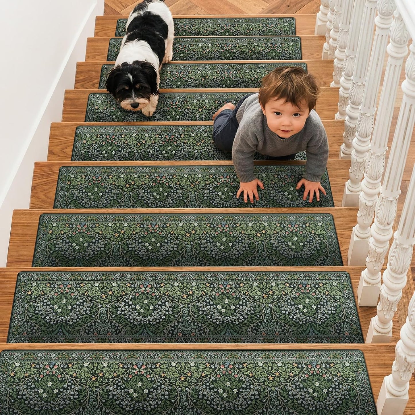 OJIA Floral Stair Treads Non-Slip Stair Runner for Wooden Steps Indoor 15PCS 30"x8" Carpet Stair Treads Stair Mats Staircase Step Treads for Kids, Elders and Dogs, Stair Covers, Black