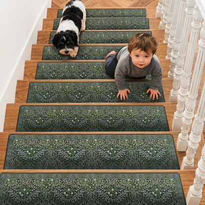 OJIA Floral Stair Treads Non-Slip Stair Runner for Wooden Steps Indoor 15PCS 30"x8" Carpet Stair Treads Stair Mats Staircase Step Treads for Kids, Elders and Dogs, Stair Covers, Black