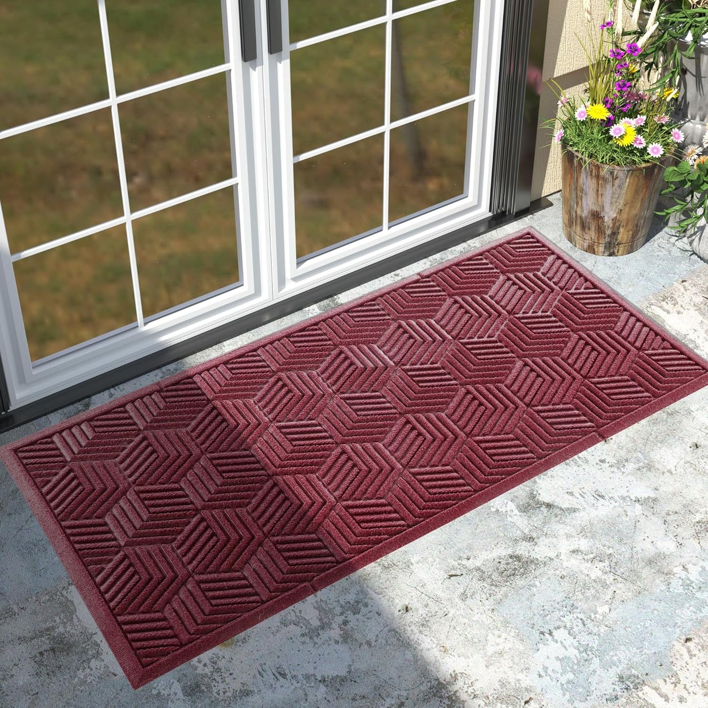 Yimobra Front Door Mat, All-Season Waterproof Outdoor Mat for Entrance with Drainage Holes, Heavy Duty Non-Slip Doormat for Garage Patio Entryway Indoor, 29.5x17, Red