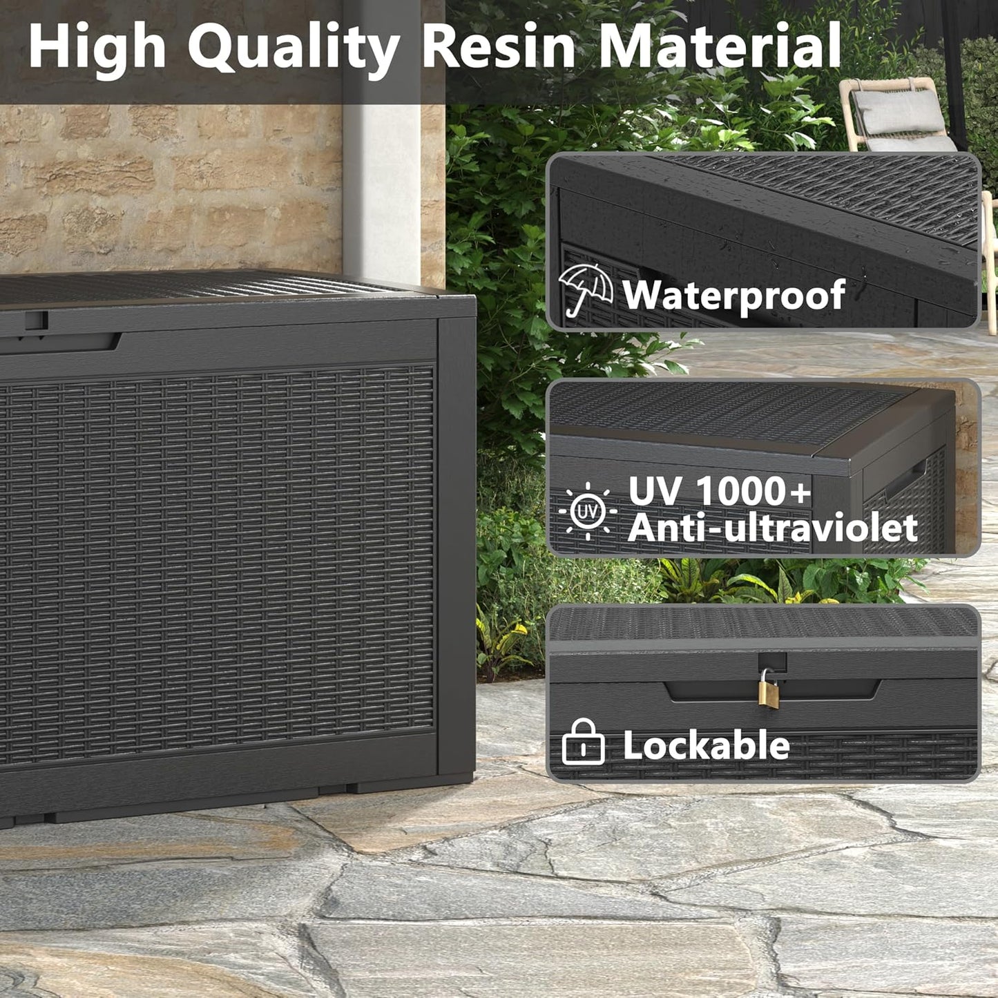 NUNU LAB Outdoor Storage Box, 45 Gallon Outside Deck Box Waterproof, Resin Outdoor Storage Cabinet With Lockable Lid, Backyard Storage Bench For Garden Tools, Patio Cushions, Pool Tools, Black