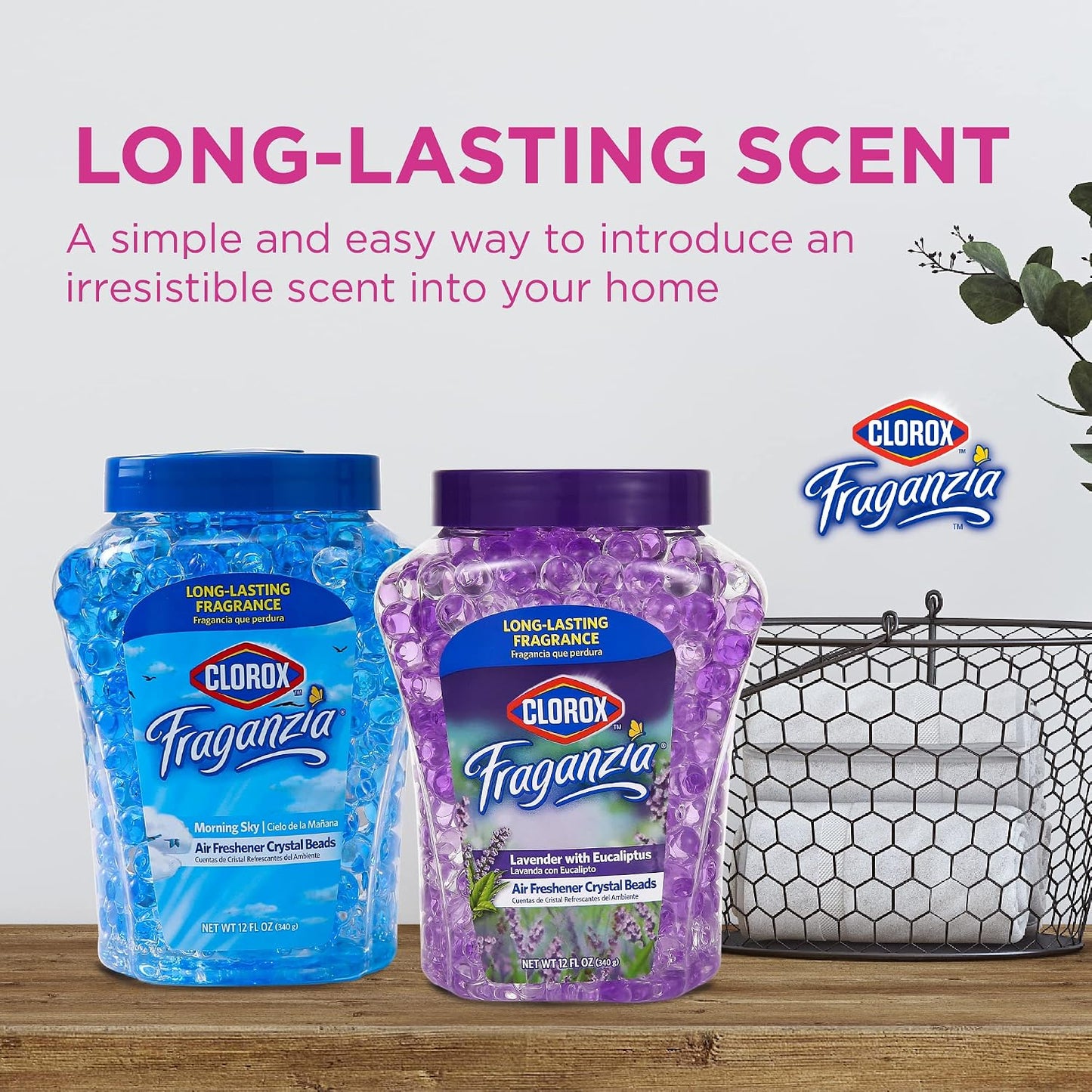 Clorox Fraganzia Crystal Beads Air Freshener, Long Lasting Room Deodorizer and Odor Eliminator Gel Beads to Freshen Home, Car, or Office, Fresh Ocean Breeze Scent, 12 Fl Oz - 2 Pack