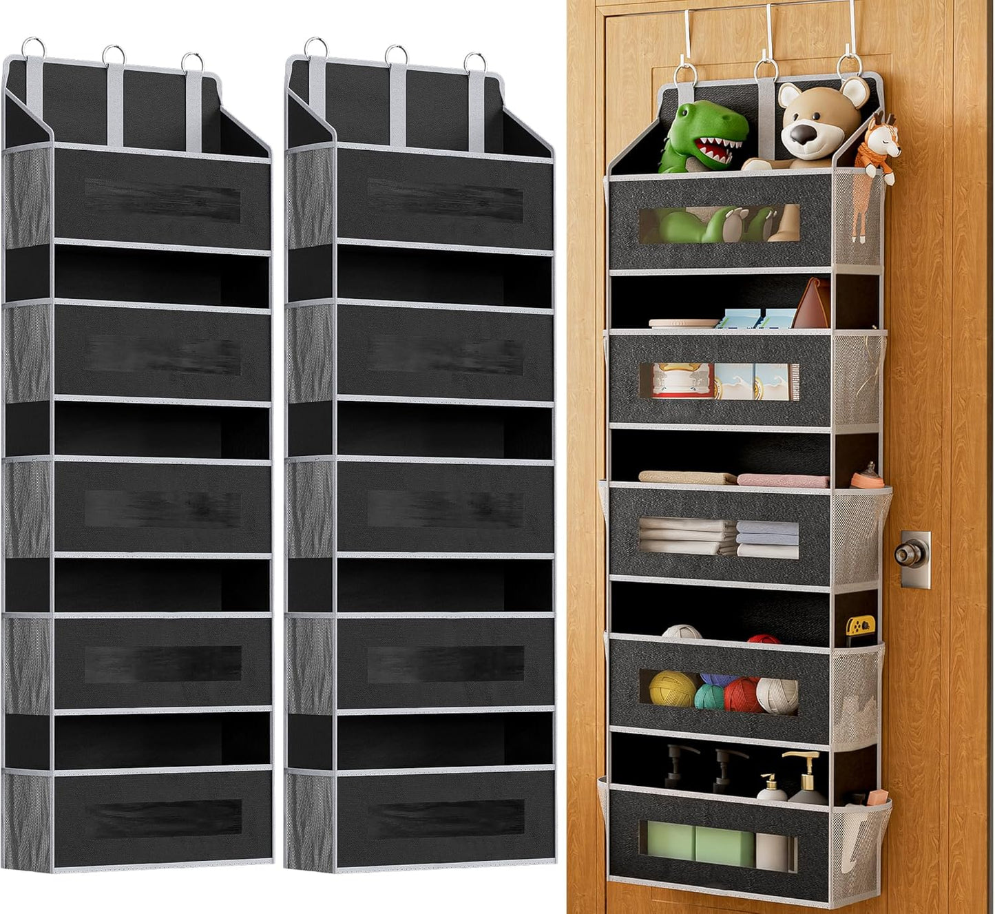 2 Pack 5 Tier Over The Door Organizer - Large Capacity Behind Door Hanging Shelves with 10 Mesh Pockets and Clear Windows, Closet Organizers and Storage for Bathroom, Bedroom, Nursery, Grey
