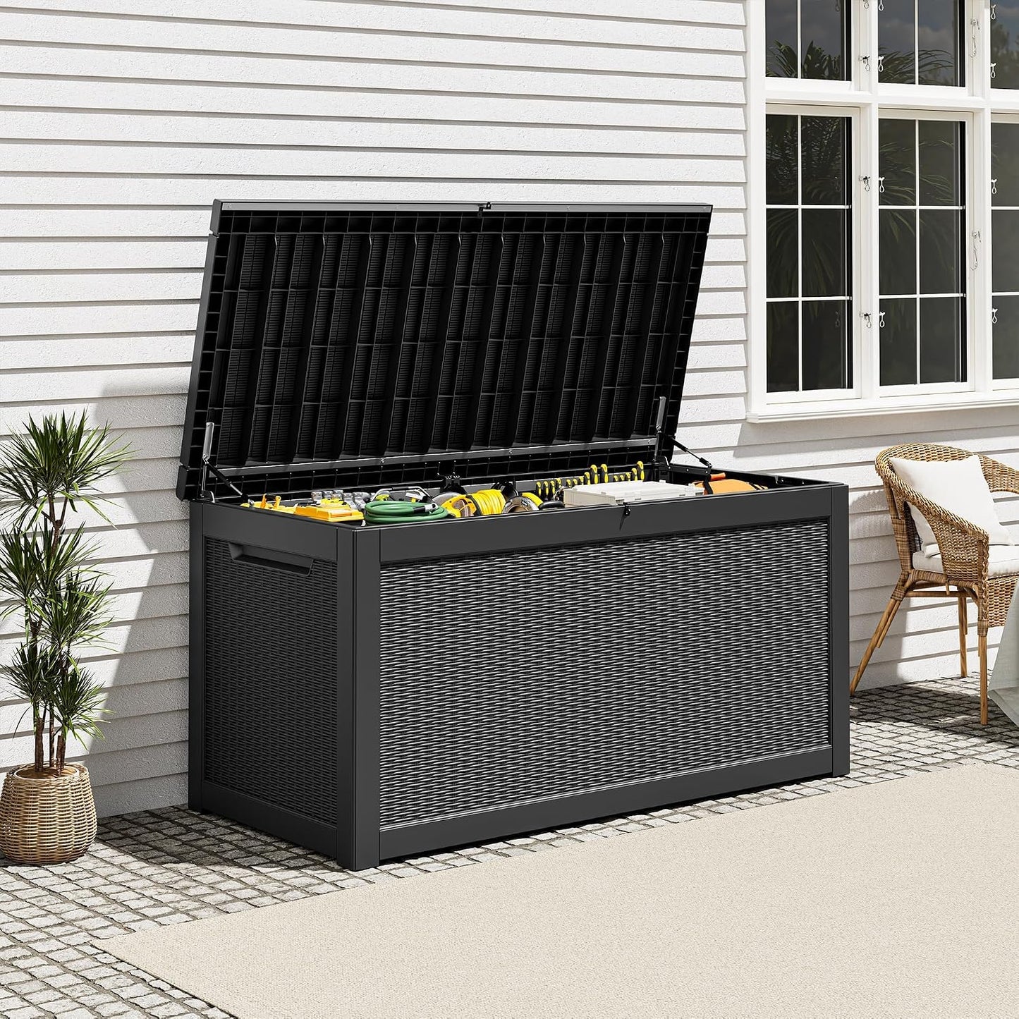Outdoor Storage Box, Resin Deck Boxes Indoor and outdoor, Waterproof Storage Box Lockable Lid (Black, 85 Gallon)