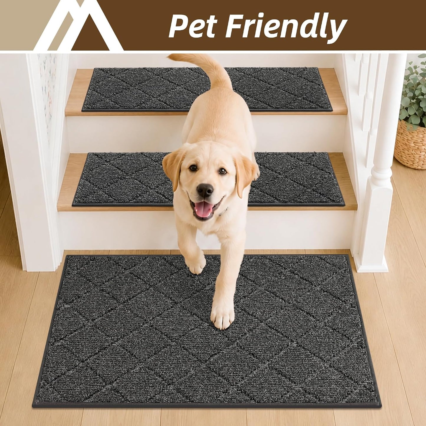 COSY HOMEER Edging Stair Treads Non-Slip Carpet Mat 28inX9in Indoor Stair Runners for Wooden Steps, Edging Stair Rugs for Kids and Dogs, 100% Polyester TPE Backing(4pc, Beige)