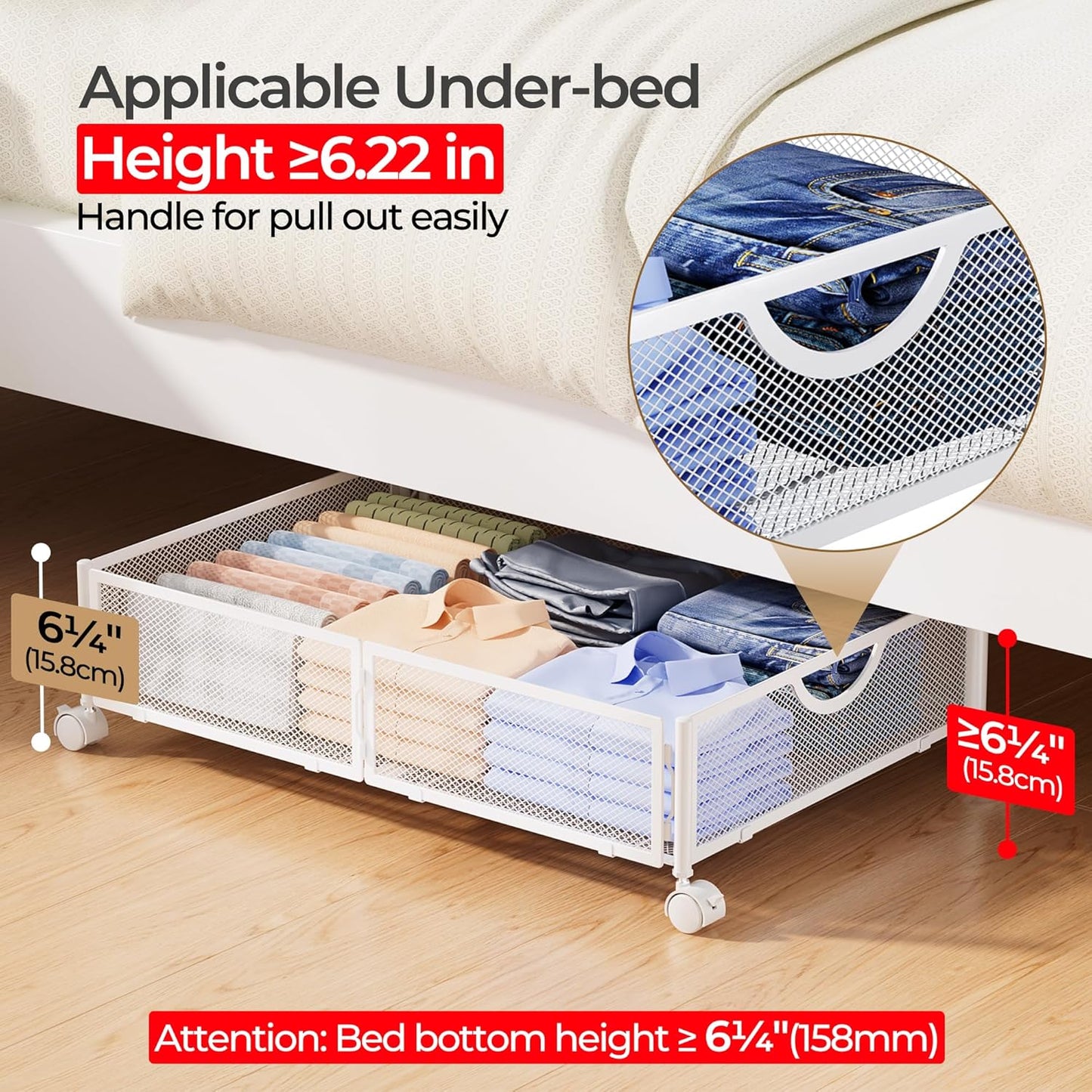 Yecaye Under Bed Storage with Wheels, 2 Pack Under Bed Shoe Storage Organizer Drawer, Tool-free Assembly Metal Underbed Storage Containers for Clothes, Shoes, Toys, Black