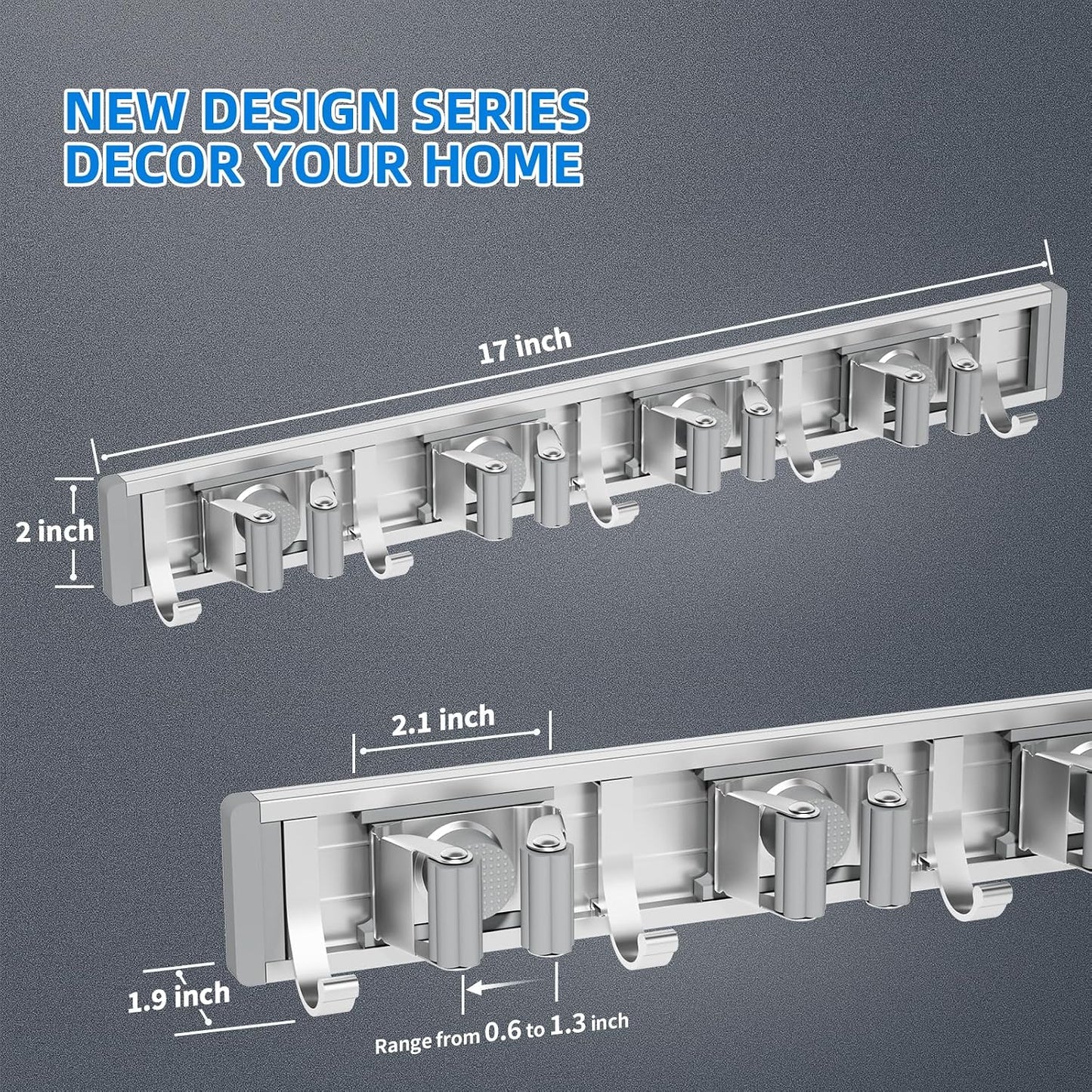 reliahom Broom Holder Wall Mount Mop Hanger Tools organizer 4Racks 5Hooks | Adjustable Mop Broom Wall Hanging Heavy duty Tools Storage Rack Space-saving for Garage,Kitchen,Laundry Room,Garden, Silver