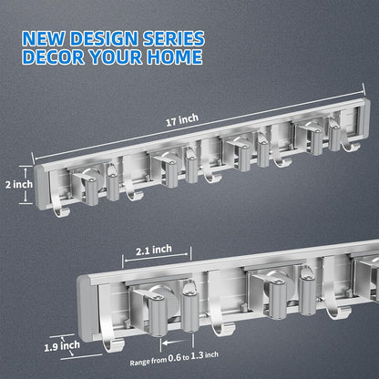 reliahom Broom Holder Wall Mount Mop Hanger Tools organizer 4Racks 5Hooks | Adjustable Mop Broom Wall Hanging Heavy duty Tools Storage Rack Space-saving for Garage,Kitchen,Laundry Room,Garden, Silver
