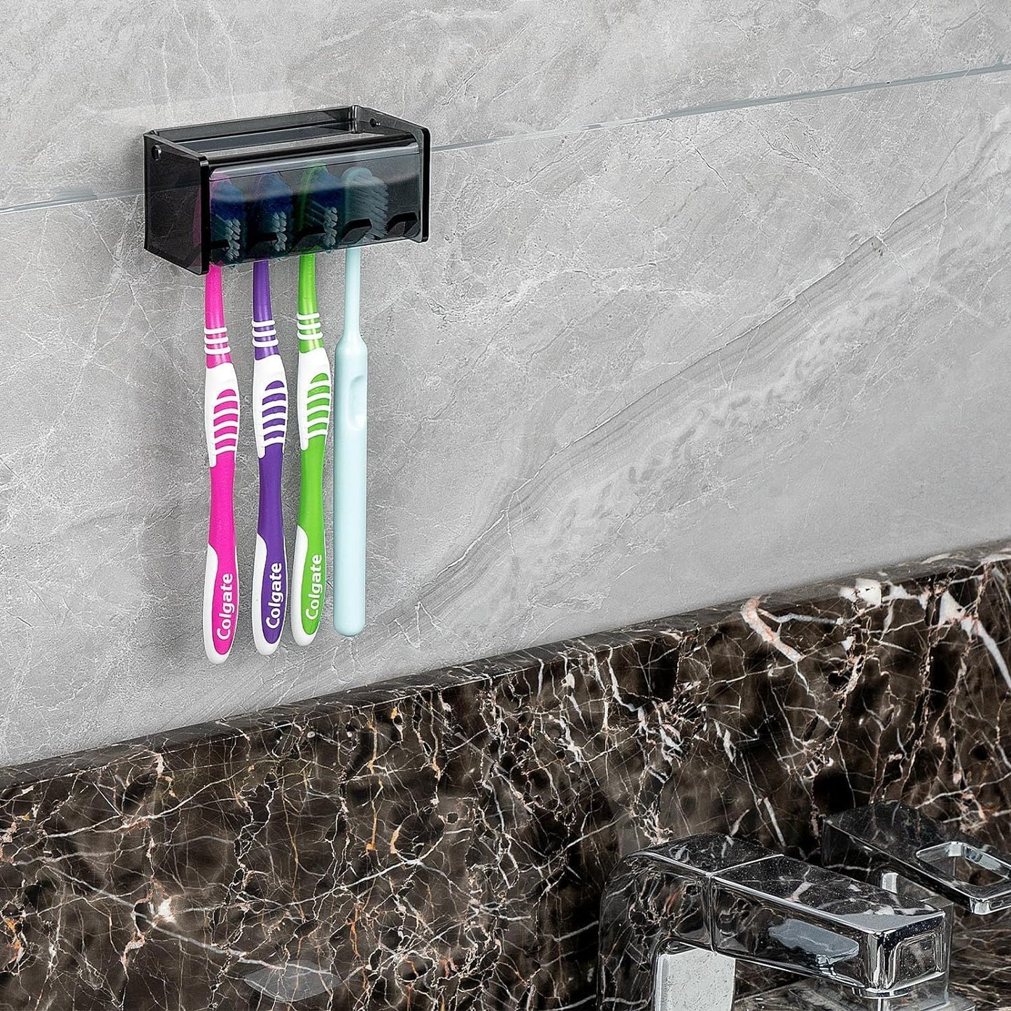 5 Slots Wall Mount Toothbrush Holder with Cover, Self Adhesive Toothbrush Storage Organizer for Shower, Toothbrush Hanger with Automatic Toothpaste Squeezer Dispenser
