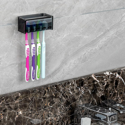 5 Slots Wall Mount Toothbrush Holder with Cover, Self Adhesive Toothbrush Storage Organizer for Shower, Toothbrush Hanger with Automatic Toothpaste Squeezer Dispenser