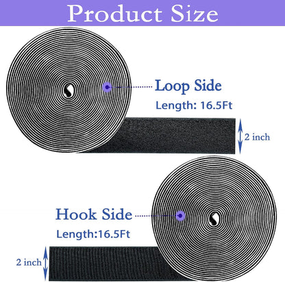 2 Inch x33 Feet Adhesive Hook and Loop Tape,Nylon Heavy Duty Tape Fasteners,Black Double Sided Self Adhesive Interlocking Tape Can Be Used to Fix Screen Window Sofa Cushions Carpet Wall Hanging