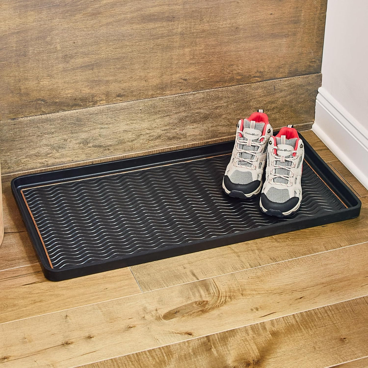 Eddie Bauer Rubber Boot Tray – Lake Waves Design, 16"x32", Black – Waterproof Entryway Boot Mat