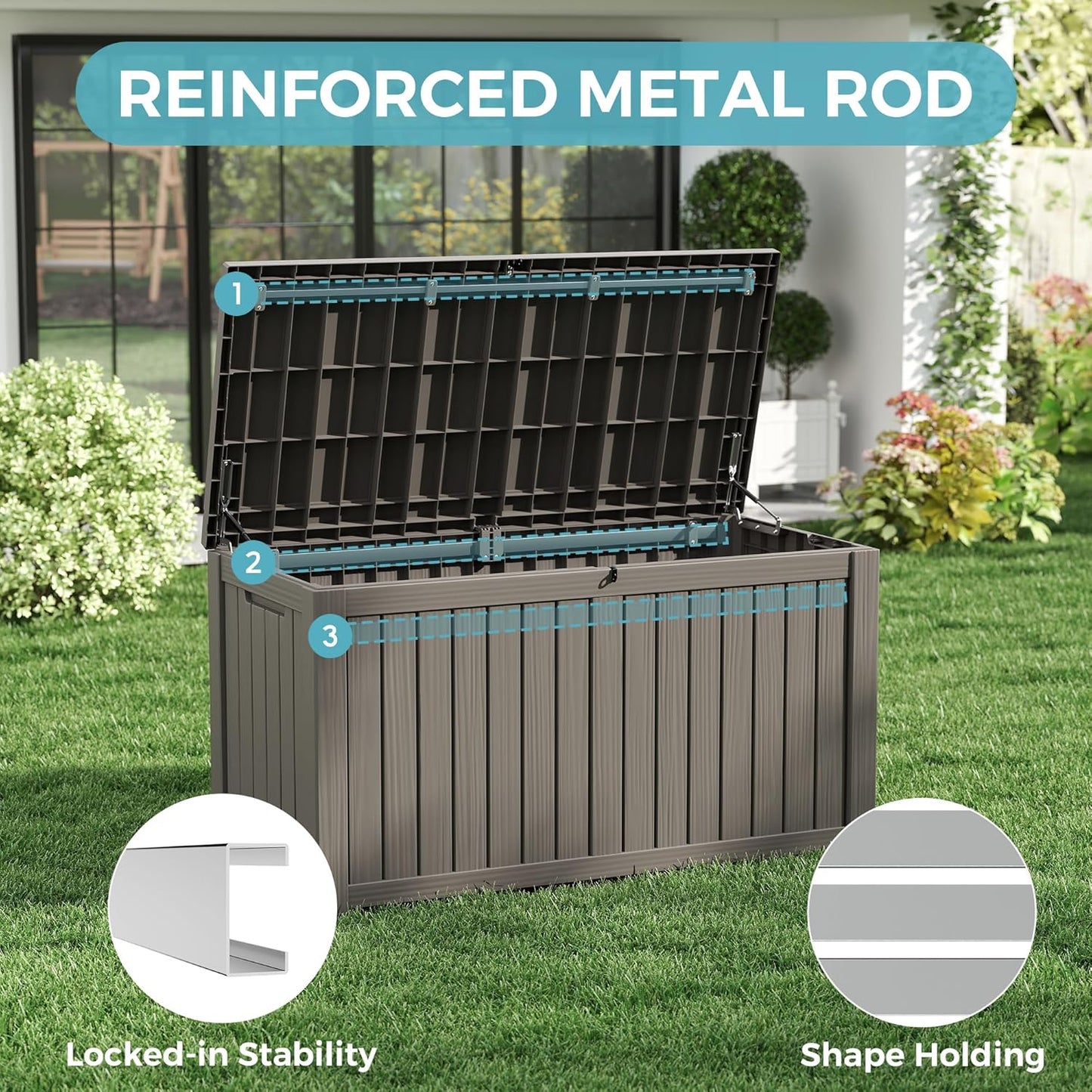 NUNU LAB Outdoor Storage Box, 45 Gallon Outside Deck Box Waterproof, Resin Outdoor Storage Cabinet With Lockable Lid, Backyard Storage Bench For Garden Tools, Patio Cushions, Pool Tools, Black