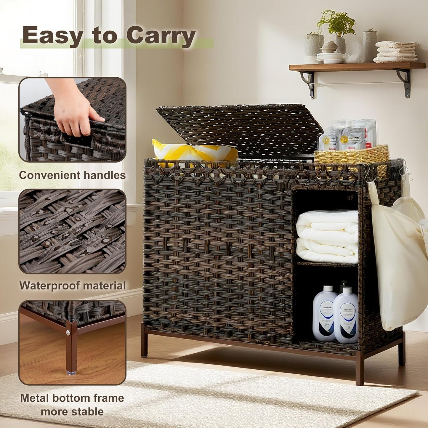Gitelsnour Laundry Hamper with Lid, 110L (29.1 Gal) Rattan Laundry Hamper 2 Section with 50L (13.2 Gal) Storage Shelf, Wicker Woven Laundry Sorter Basket with 3 Liner Bags and Handles, Brown GLH002BR