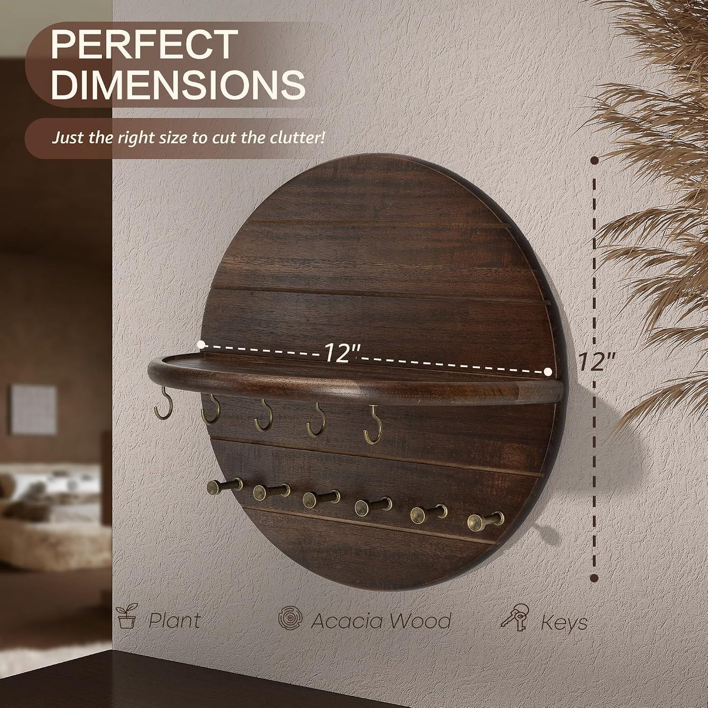 Rebee Vision Pine Wood Key Holder Wall Mount – Rustic Wooden Key Hooks for Wall with Shelf – Decorative Mail Organizer, Coat Rack & Dog Leash Holder for Home Decor, Entryway and Living Room (Brown)