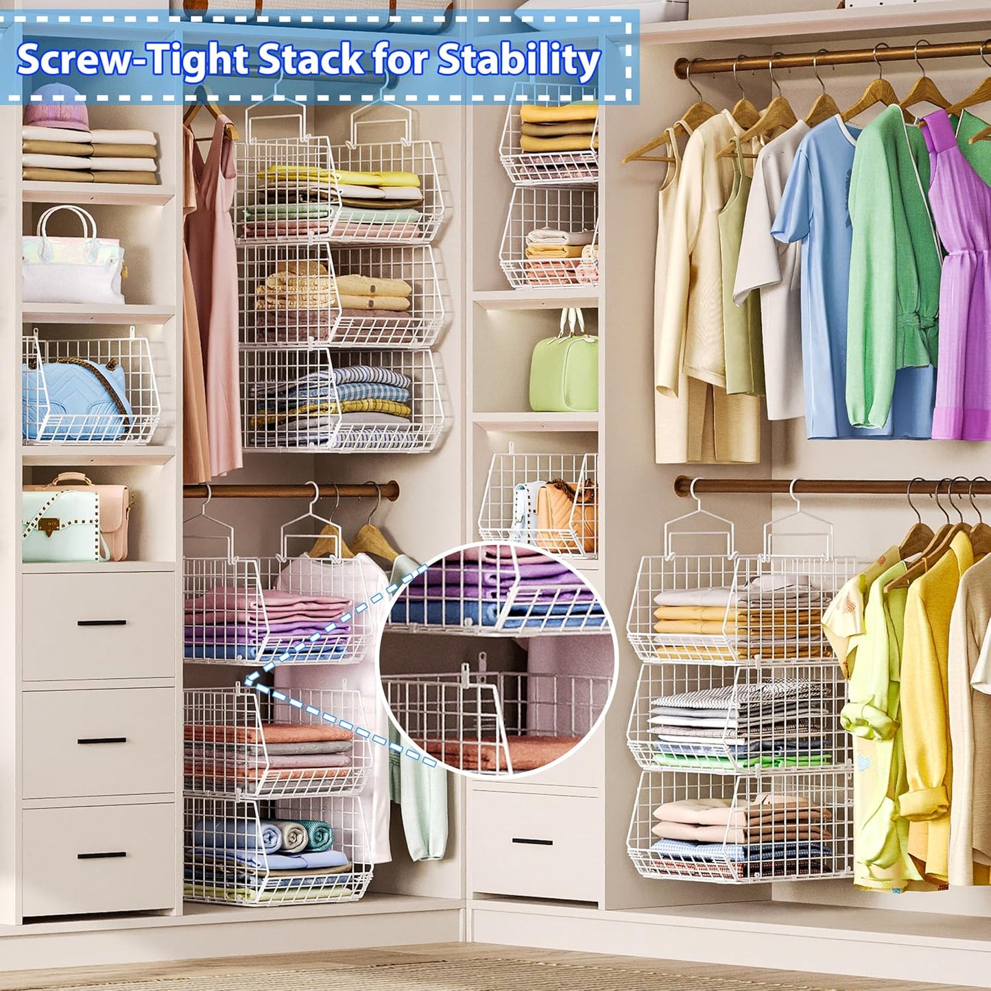 8-Tier Extended Depth Hanging Closet Organizers and Storage for Closet System, Stackable Closet Shelves with 4 Adjustable Dividers for Clothes Sweaters Purses, Wire Hanging Basket Fits Closet Laundry