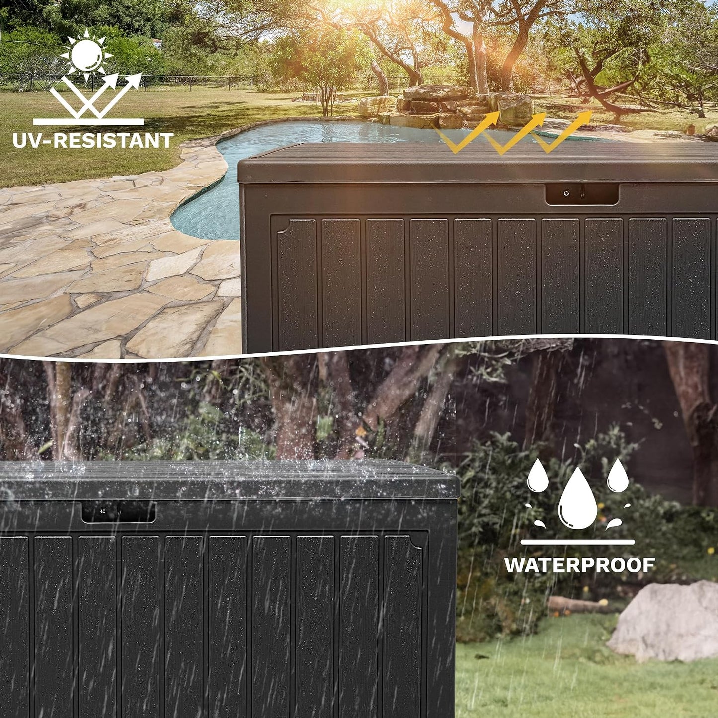 DWVO 100 Gallon Outdoor Storage Box, Large Deck Box Lockable Waterproof and UV Resistant Resin for Gardening Tools, Pool Supplies, Patio Cushions (Black)