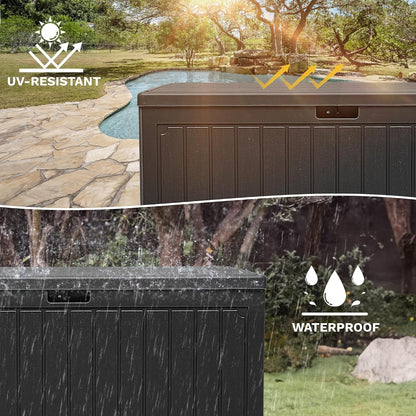 DWVO 100 Gallon Outdoor Storage Box, Large Deck Box Lockable Waterproof and UV Resistant Resin for Gardening Tools, Pool Supplies, Patio Cushions (Black)