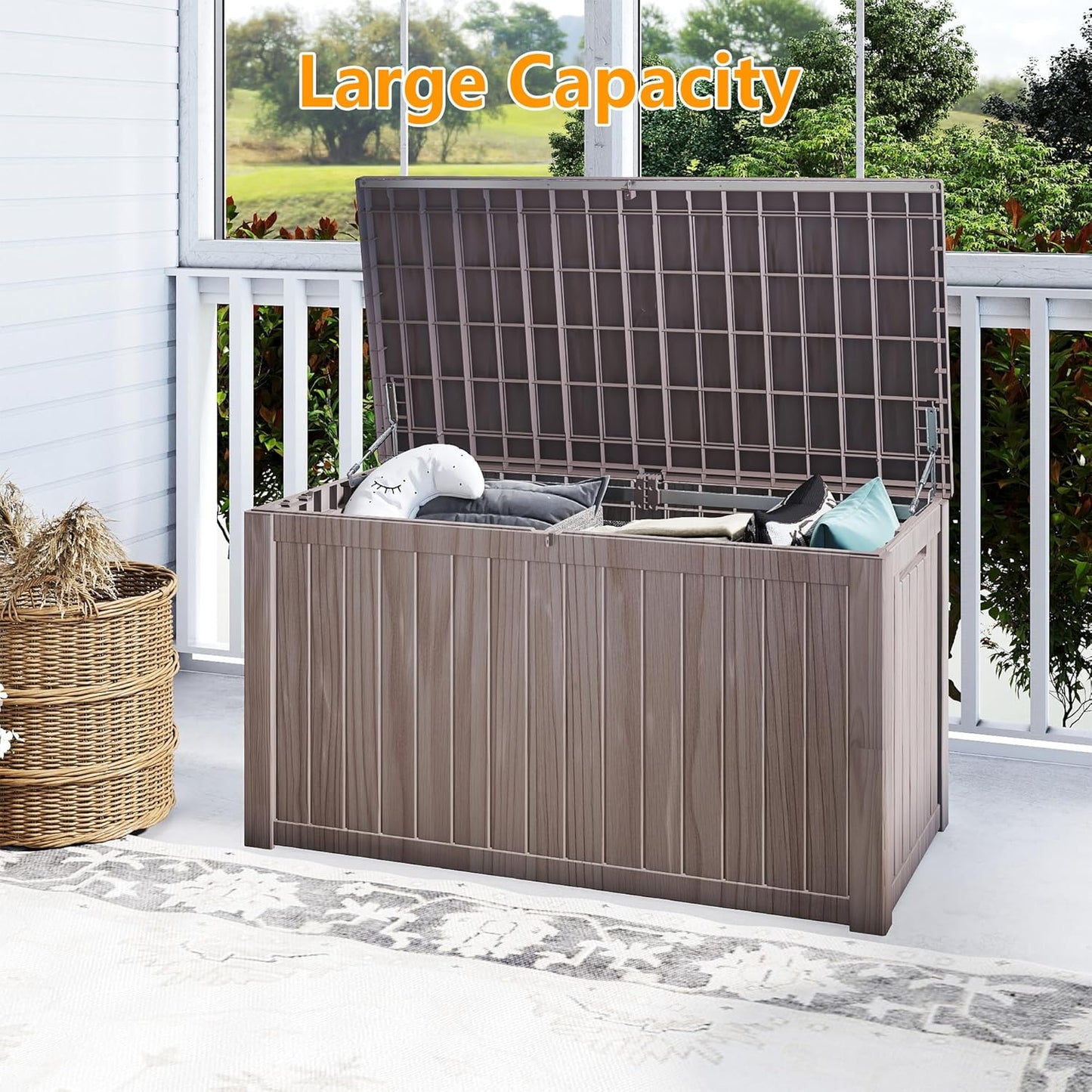 200 Gallon Deck Boxes Outdoor Waterproof, Outdoor Storage Box with Lockable Lid & UV-Resistant for Patio Furniture, Outdoor Cushions, Garden Tools and Pool Supplies, Light Brown