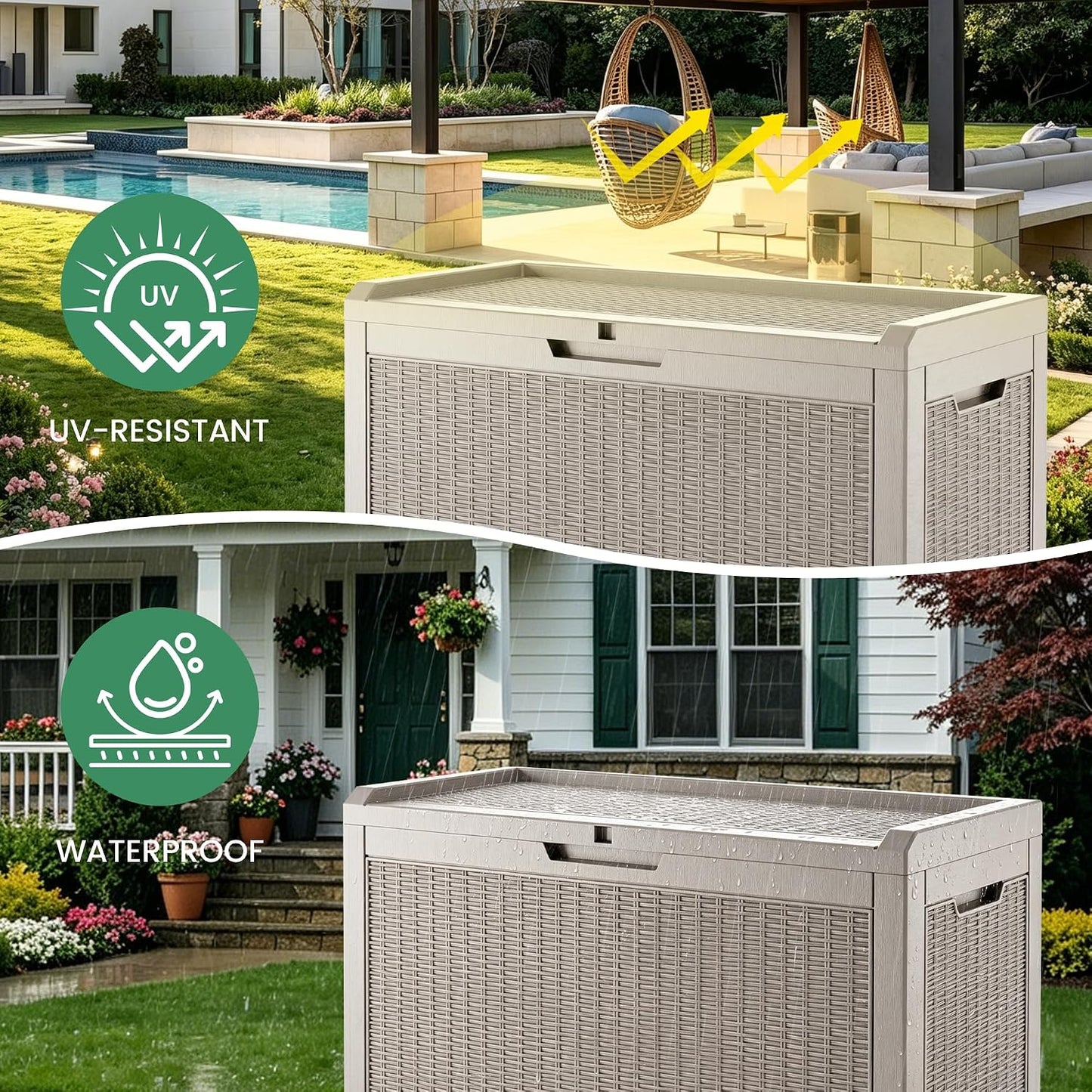 100 Gallon Storage Box, Waterproof Resin Deck Box with Hydraulic Piston Design, Lockable Storage Bench for Package Delivery, Storage Bin for Patio Cushions, Garden Tools, Black