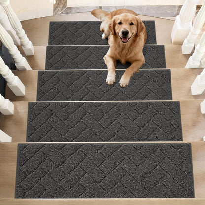 BEQHAUSE Stair Treads for Wooden Steps 28inX9in, Non Slip Carpet Stair Treads Indoor Stair Runners Machine Washable, Soft Stair Rugs Mat Surface Polyester TPE Backing, 4pcs, Charcoal
