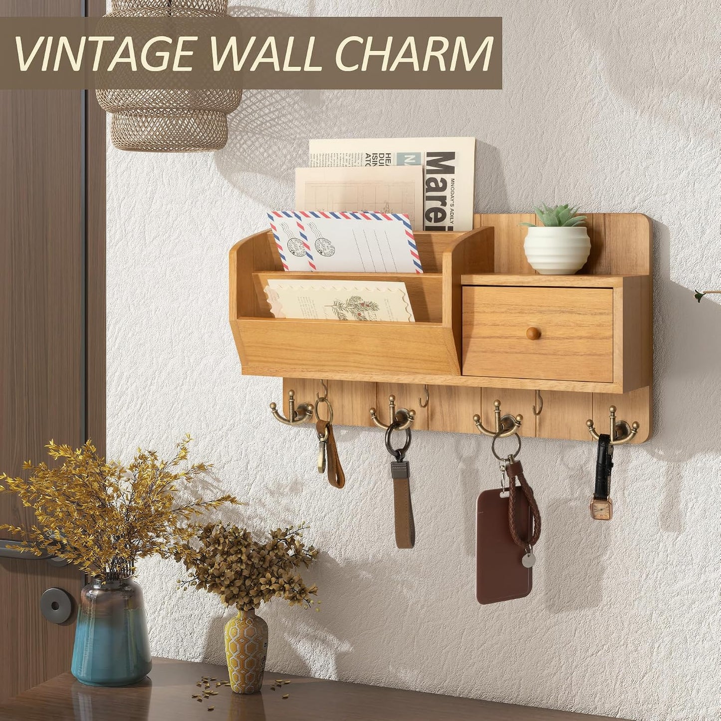 Rebee Vision Key and Mail Holder Wall Mount - Mail Organizer Wall Mount with Storage Hooks and Drawer for Modern Farmhouse Decor - Mail Organizer Wall Mounted for Rustic Apartment Essentials (Brown)