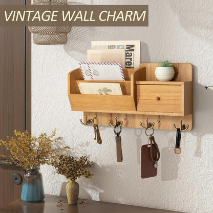 Rebee Vision Key and Mail Holder Wall Mount - Mail Organizer Wall Mount with Storage Hooks and Drawer for Modern Farmhouse Decor - Mail Organizer Wall Mounted for Rustic Apartment Essentials (Brown)