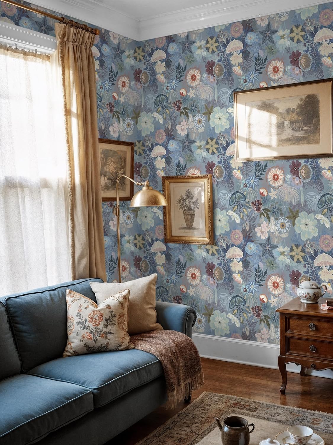 Ismoon Peel and Stick Wallpaper Floral Vintage Stick on Wall Paper Beige French Textured Contact Paper for Cabinet Removable Self Adhesive Wallpaper Vinyl Roll Shelf Deco, 17.3x78.7in