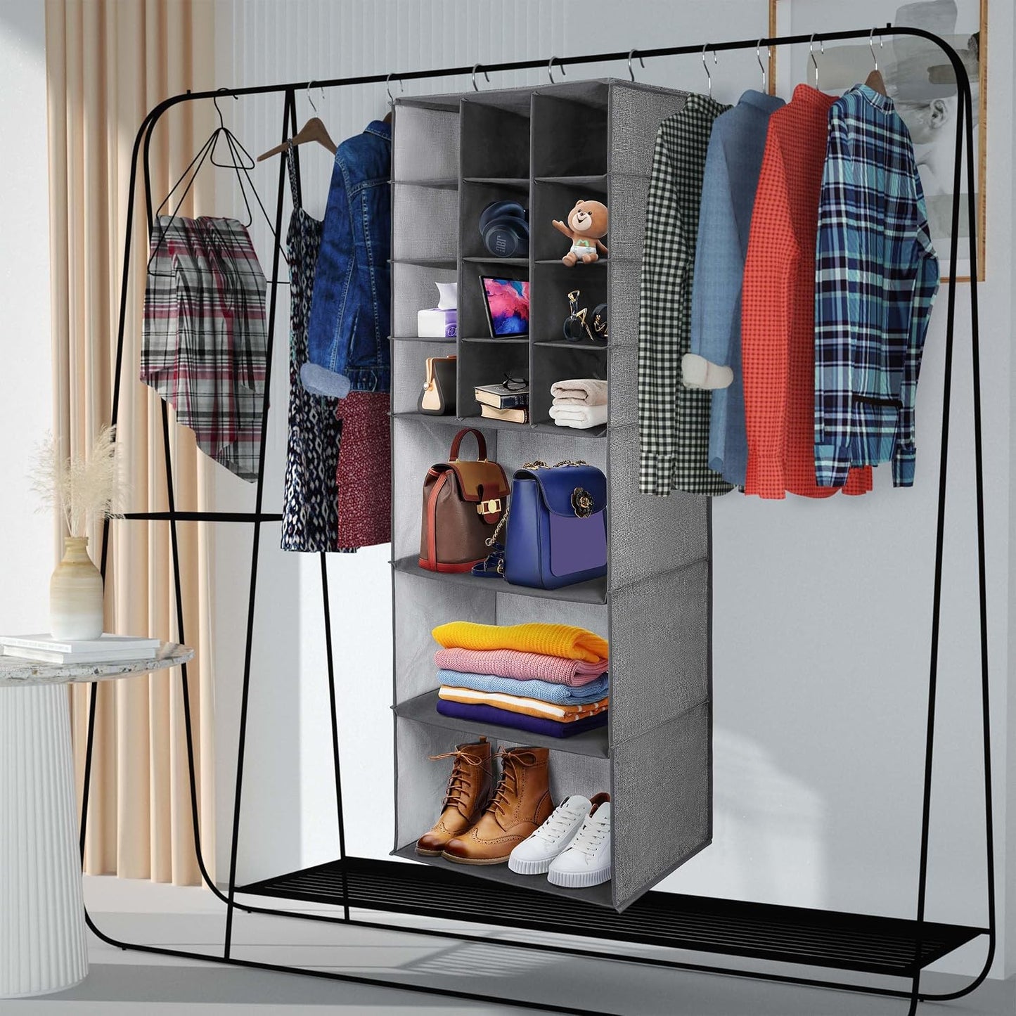 Libeder Shoe Organizer for Closet, 15 Shelf Hanging Closet Storage Shelves - 10 Shoe Rack Organizer and 5 Compartment for Clothes with 6 Side Mesh Pockets for Scarves Socks,Gloves, Grey