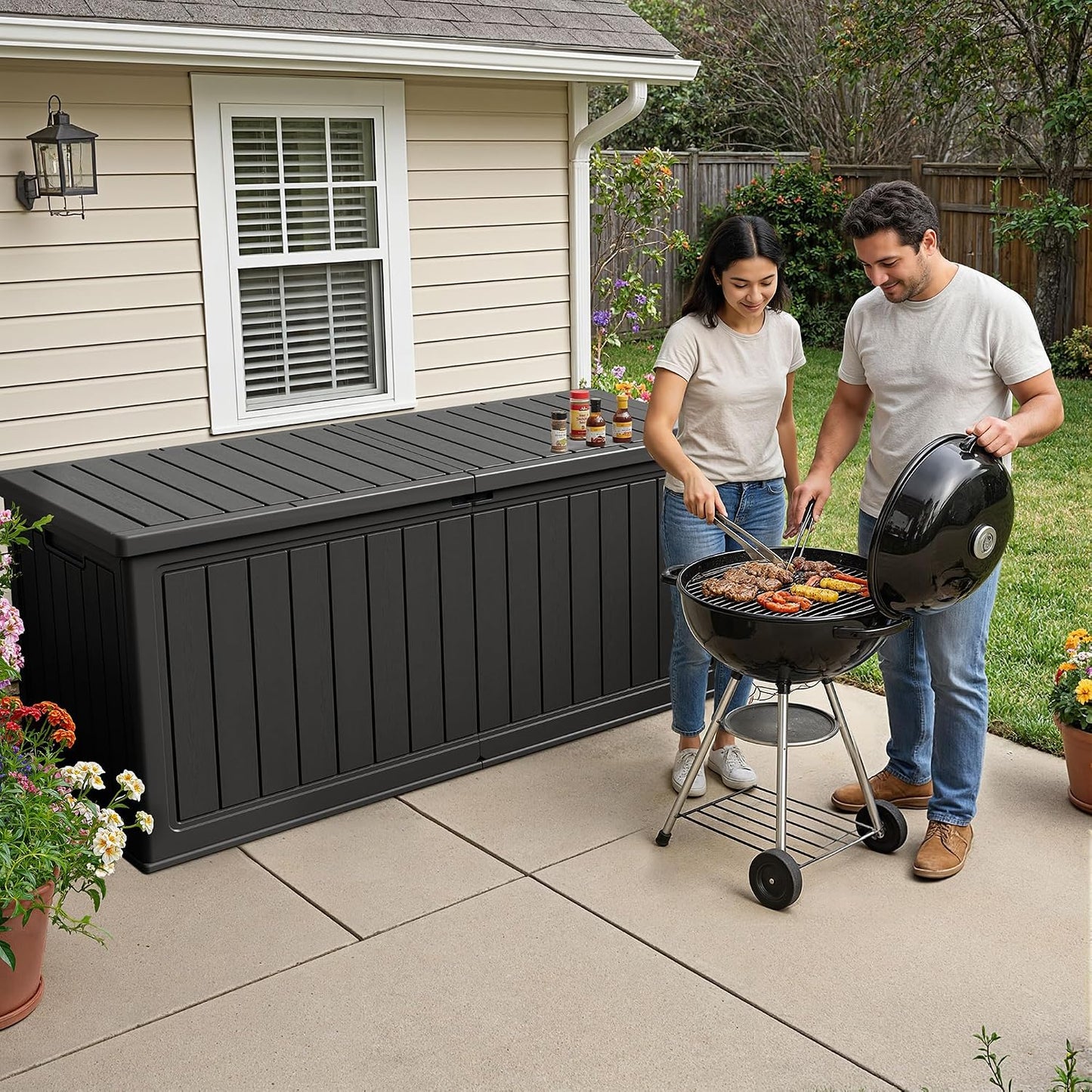 32 Gallon Deck Box Outdoor Indoor Waterproof Storage Box for Patio Furniture, Pool Accessories, Garden Tools, and Cushion Storage, Black